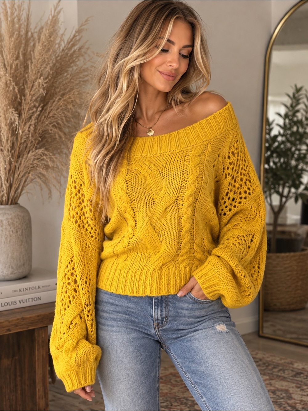 Mustard seed chunky cable knit sweater bubble puff sleeve mustard yellow size M